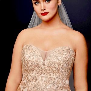 Metallic Lace Plus Size A-Line Wedding Dress with Bolero jacket
OLEG CASSINI